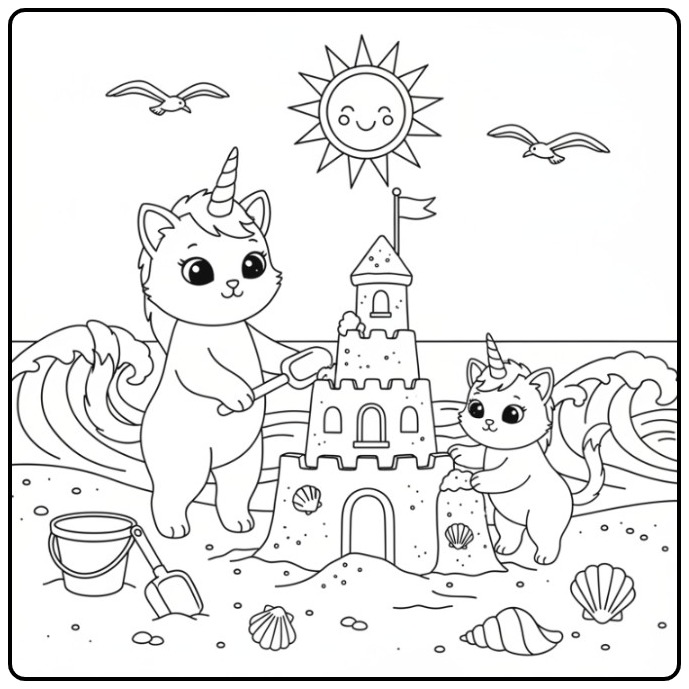 Um lindo gato unicórnio para colorir com seu filhote na praia.