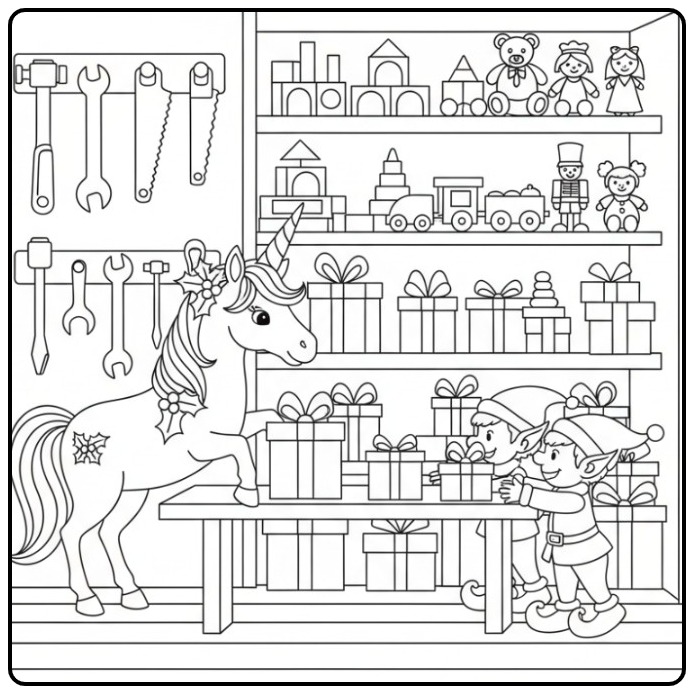 Um lindo unicornio de natal para colorir com elfos e brinquedos.