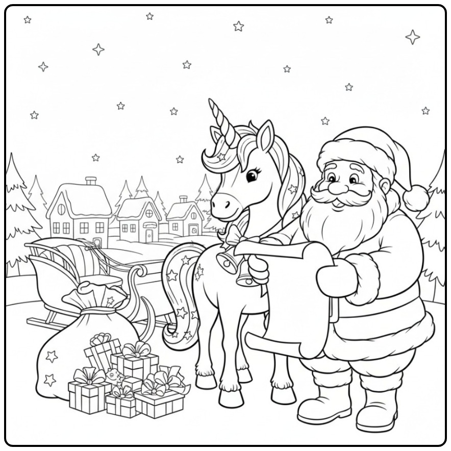 Papai Noel com seu amigo em um unicornio de natal para colorir.