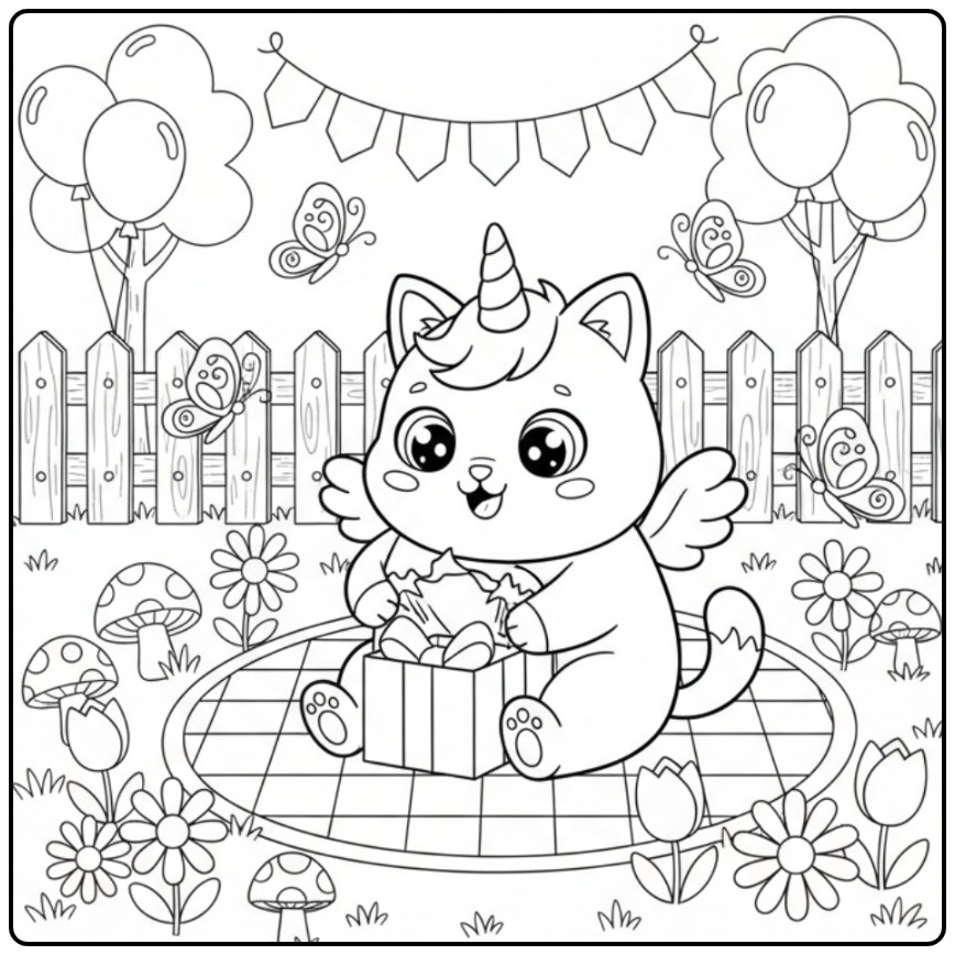 Desenho fofo Para colorir gato unicórnio de aniversário no jardim.