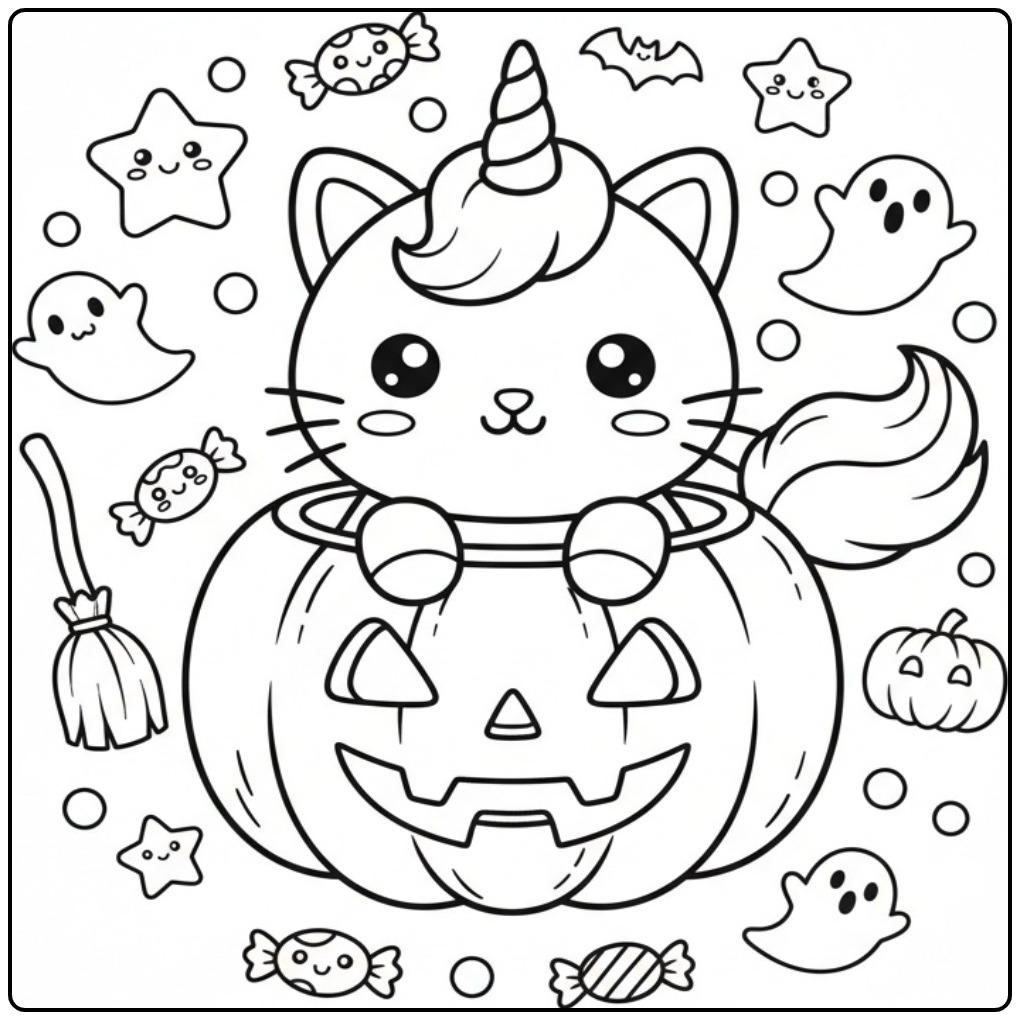 Desenho fofo para colorir gato unicórnio de Halloween em abóbora