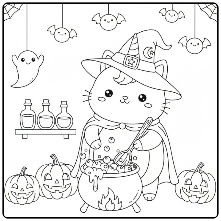 Desenho Para colorir gato unicórnio de Halloween com caldeirão.
