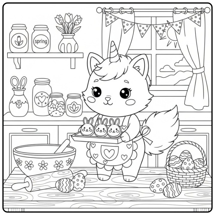 Desenho para colorir gato unicórnio de Páscoa na cozinha.