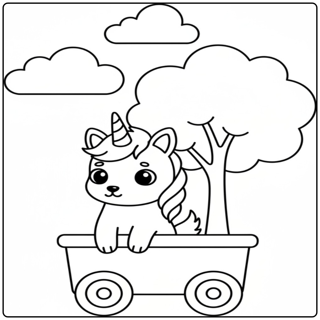 Desenho fofo de cachorro unicórnio para colorir em um vagão.