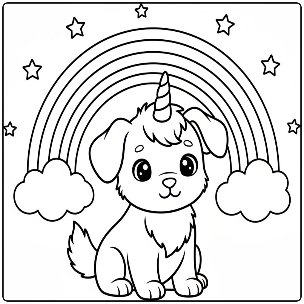 Desenho fofo de cachorro unicórnio para colorir com arco-íris.