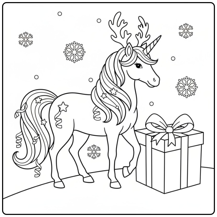 Desenho de um unicornio de natal para colorir com um presente.