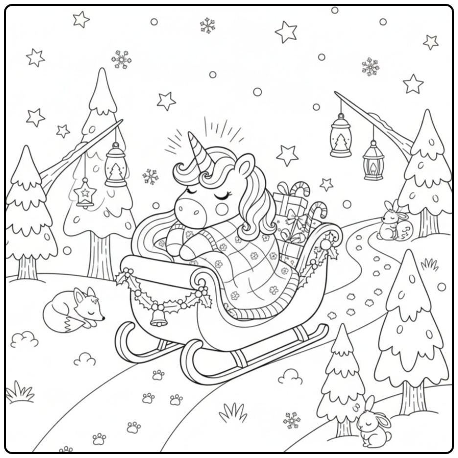 Desenho fofo de Unicórnio de Natal em passeio de trenó para colorir.