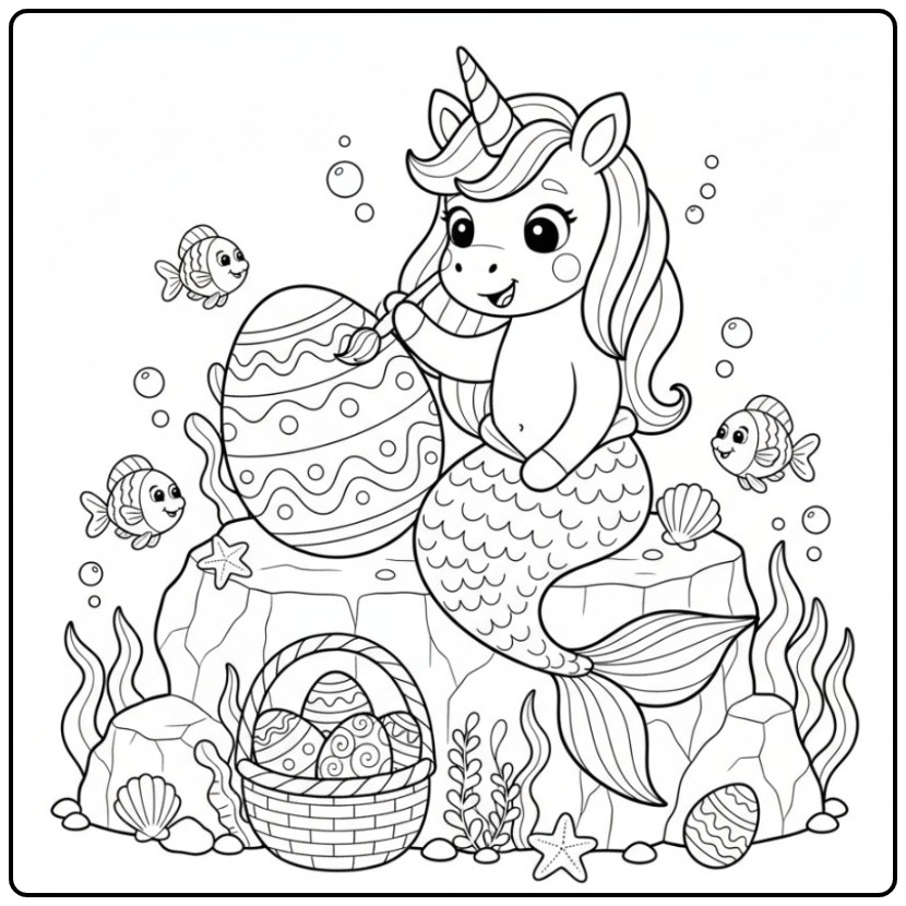 Desenho fofo de um unicórnio sereia de Páscoa para colorir.