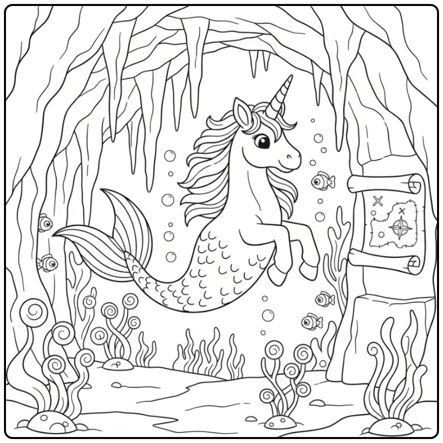 Linda imagem de unicórnio sereia para colorir no fundo do mar.