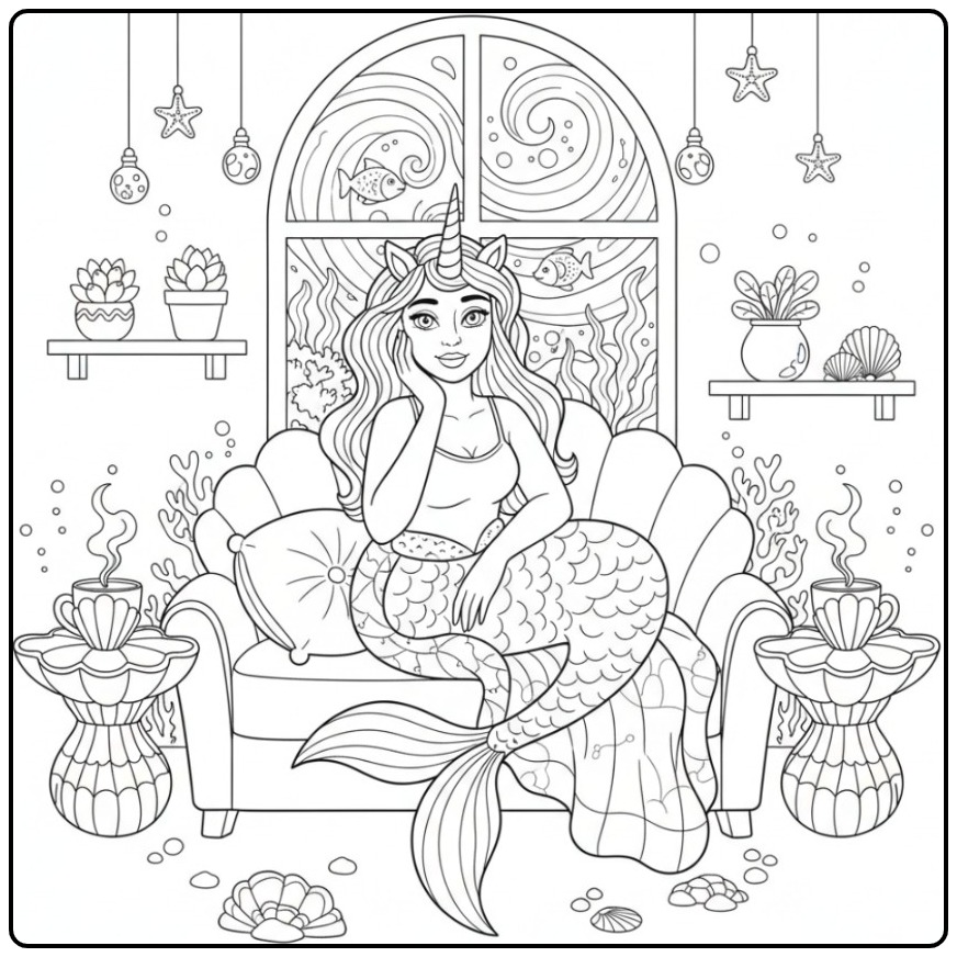 Desenho de uma unicórnio sereia para colorir em sua sala de estar.