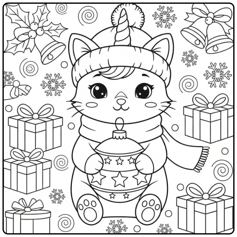 Um fofo desenho Para colorir gato unicórnio de Natal e presentes.