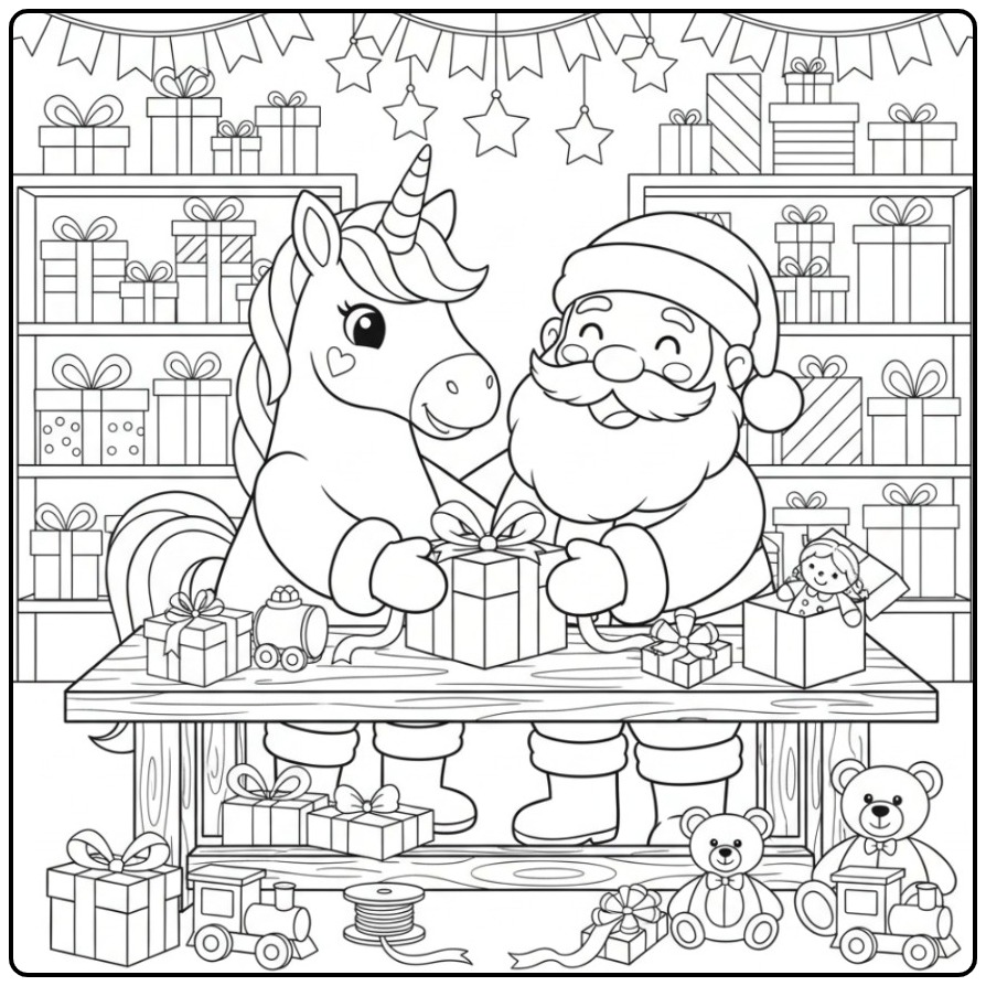 Desenho para Colorir Unicórnio de Natal e Papai Noel na oficina.