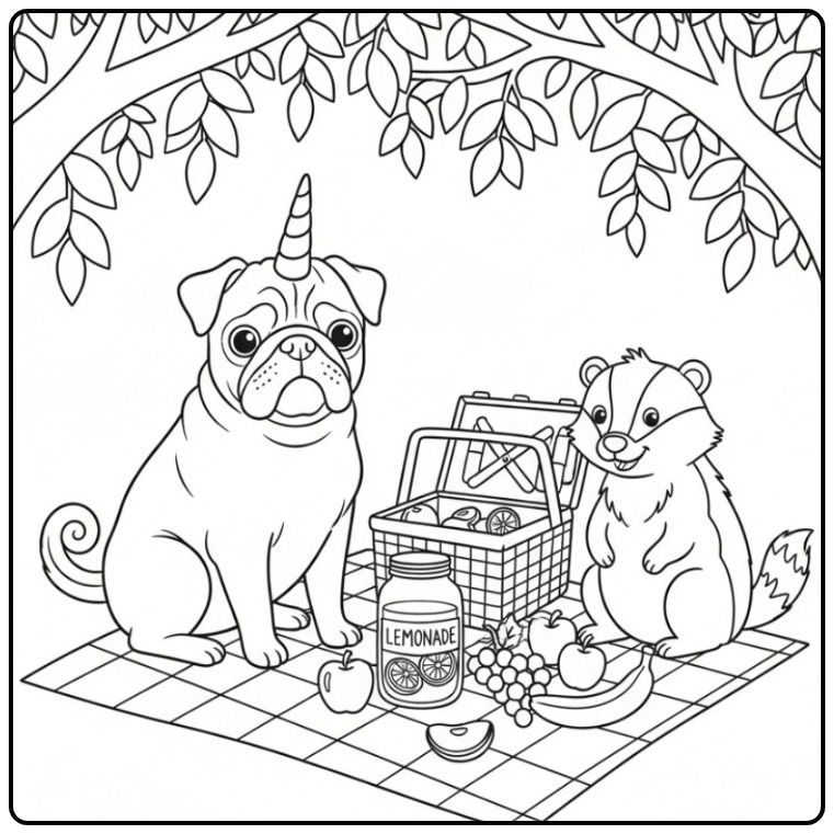 Desenho de cachorro unicórnio para colorir com um amigo texugo.