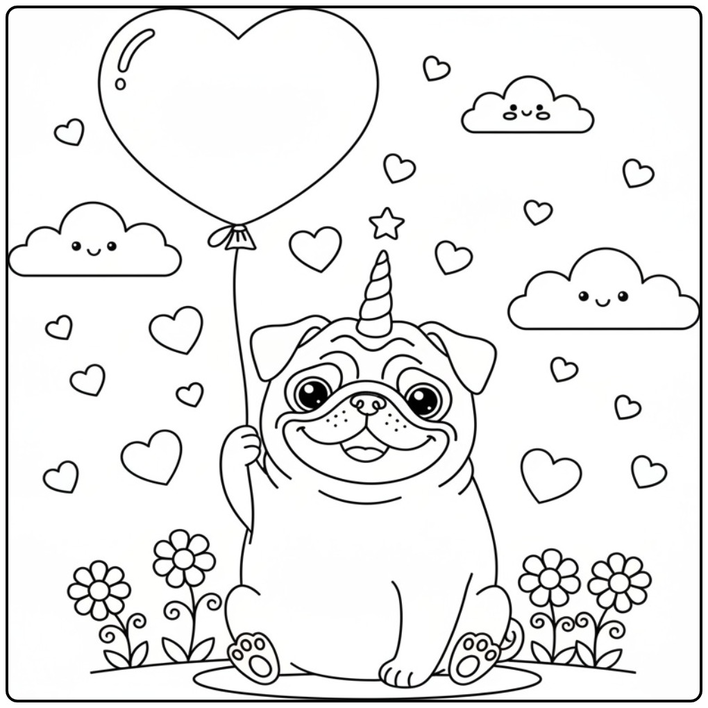 Cachorro unicórnio para colorir com corações, segurando balão.