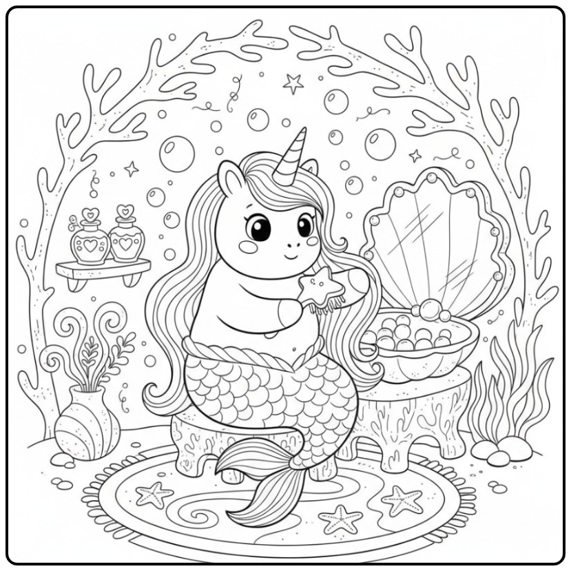 Desenho para colorir de unicórnio sereia kawaii em seu quarto.