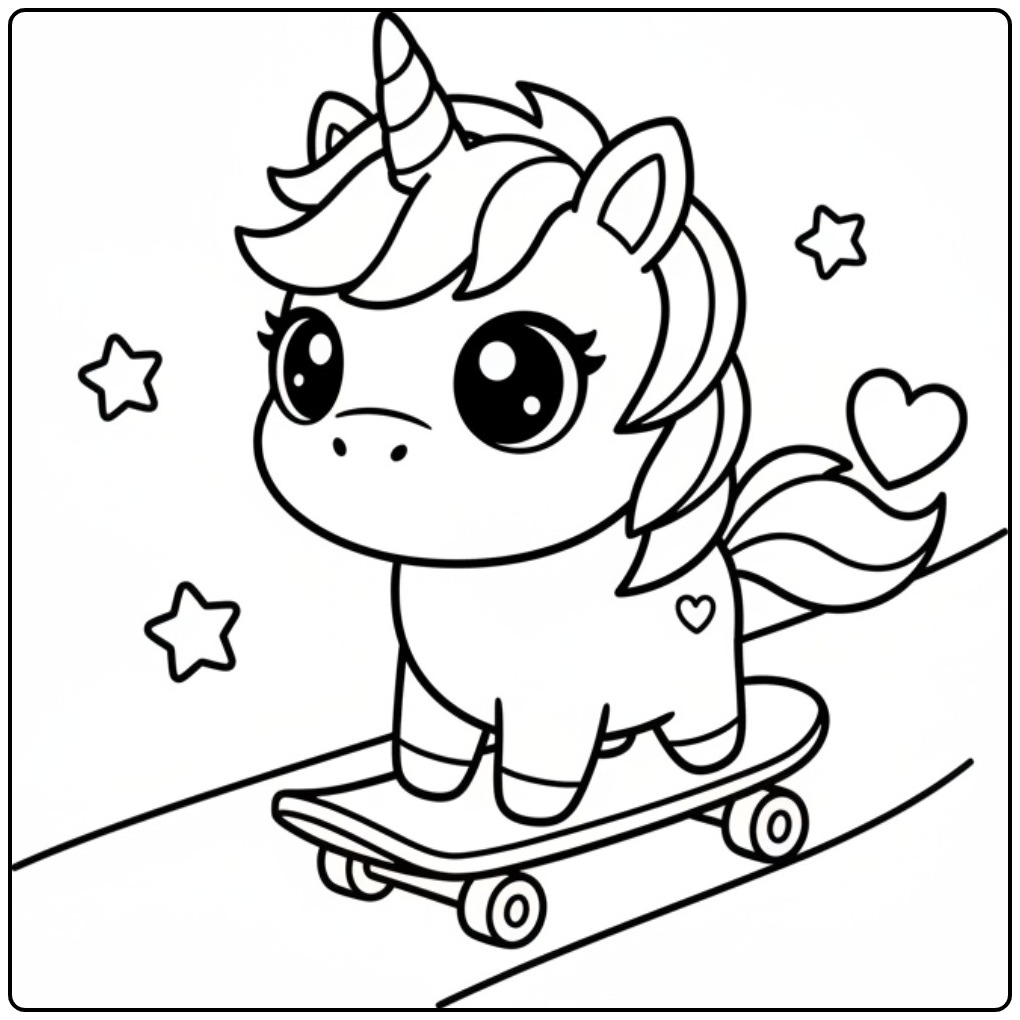 Um fofo kawaii unicórnio para colorir fazendo manobras radicais.
