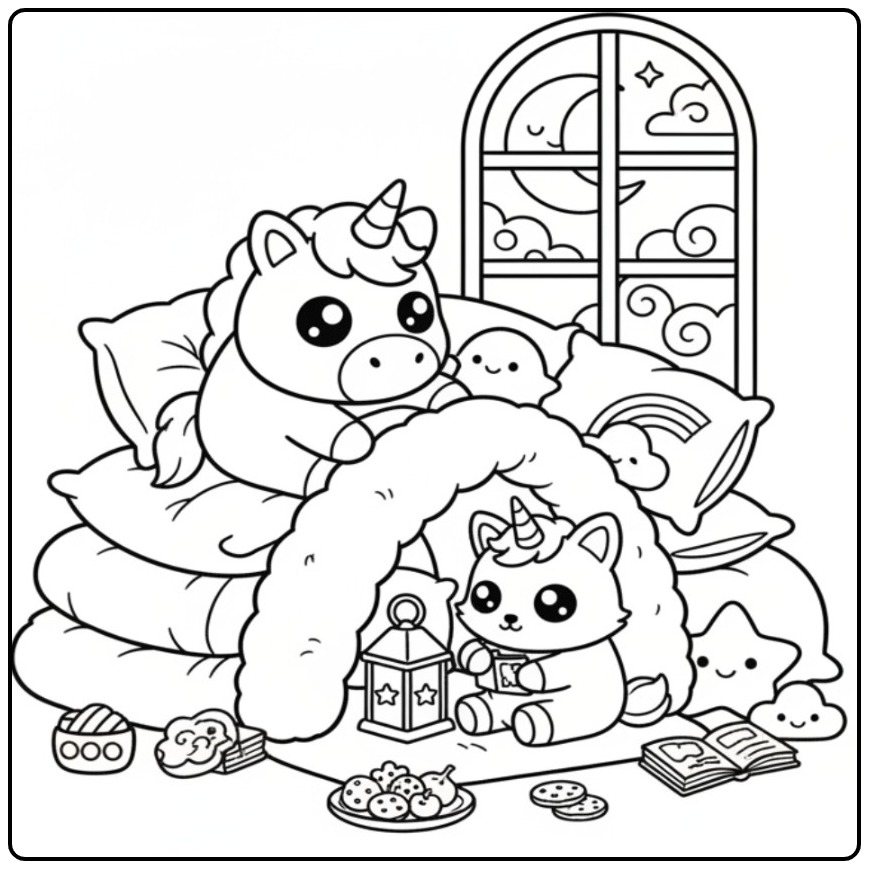 Uma cena de noite mágica com um kawaii unicórnio para colorir.