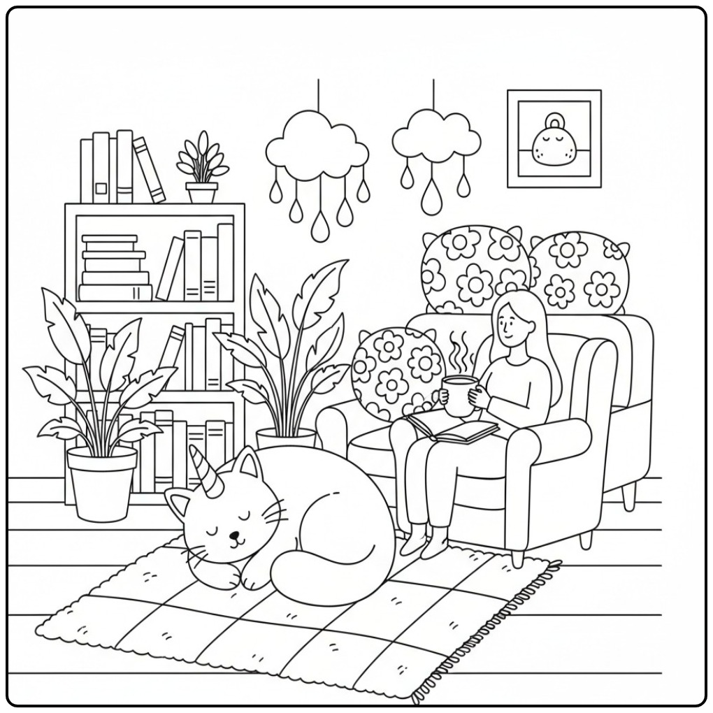 Desenho de uma menina lendo com seu gato unicórnio para colorir.