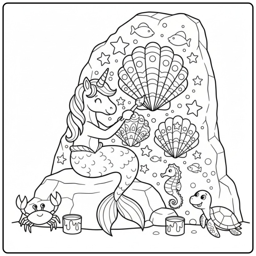 Desenho de um unicórnio sereia para colorir pintando conchas.