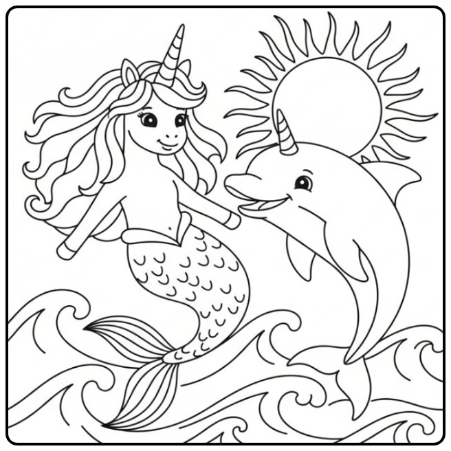 Desenho de unicórnio sereia para colorir com seu amigo golfinho.
