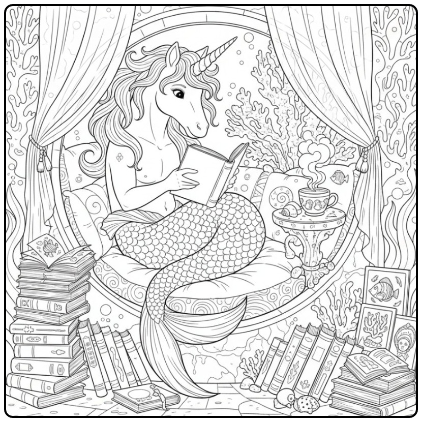 Desenho de unicórnio sereia para colorir em uma biblioteca.