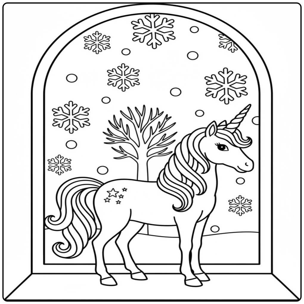 Lindo unicornio de natal para colorir com flocos de neve caindo.