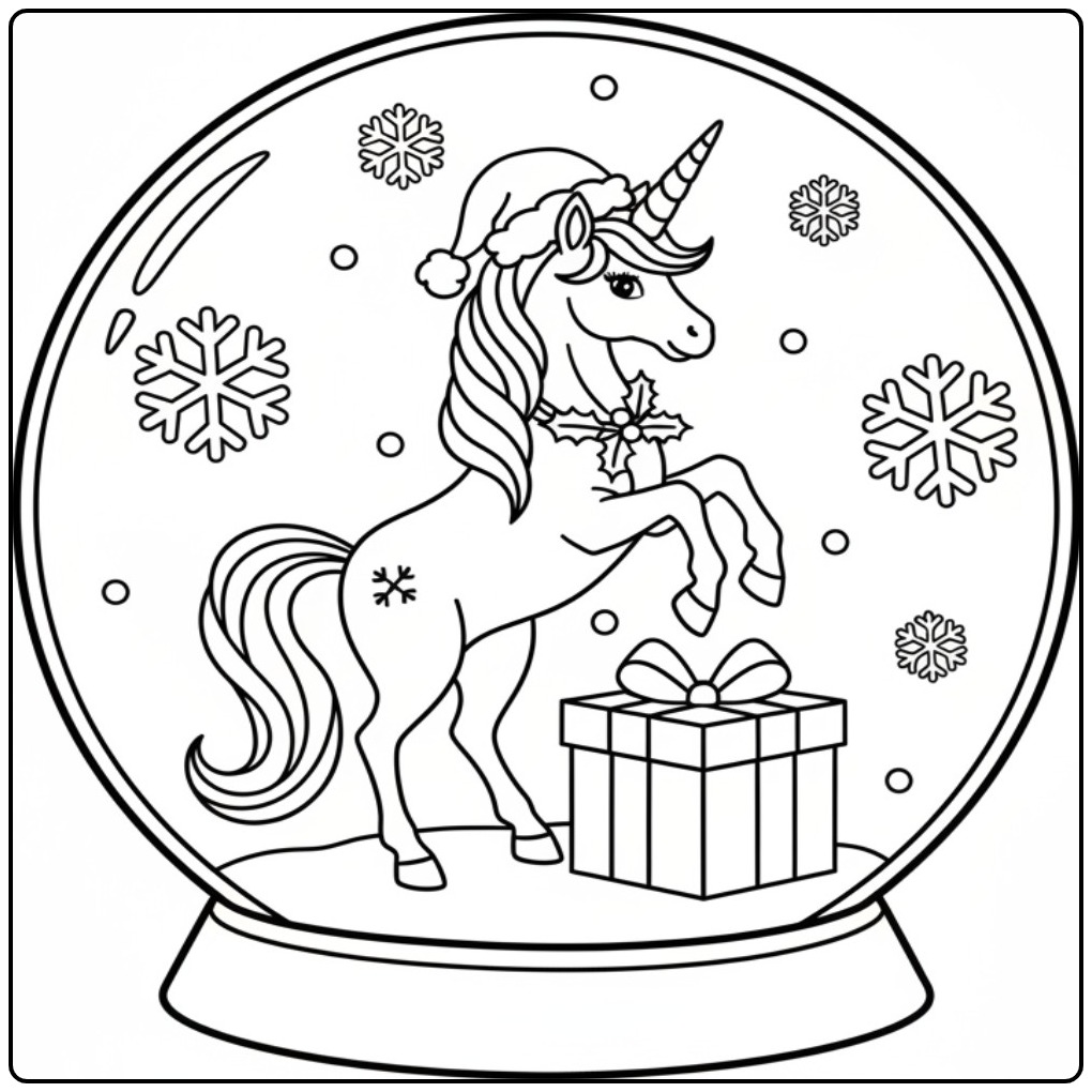 Lindo unicornio de natal para colorir com um presente festivo.