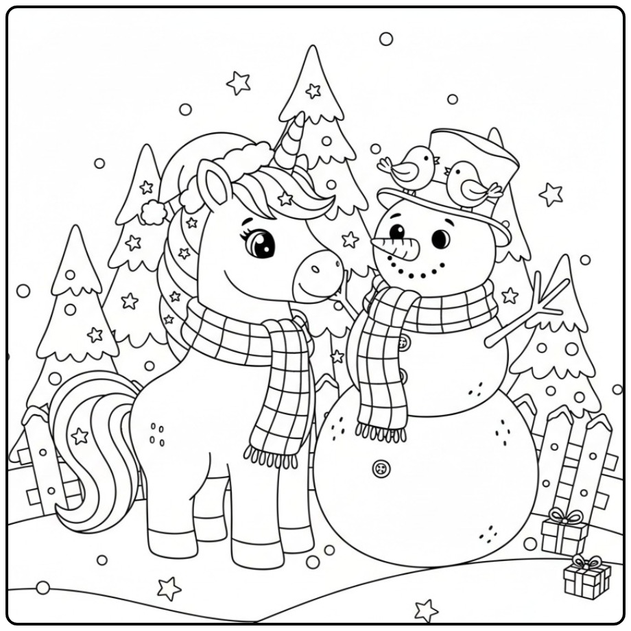 Um lindo Unicórnio de Natal e boneco de neve para colorir.
