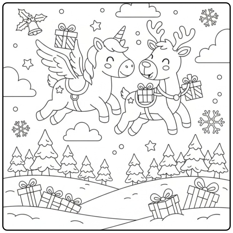 Um lindo Unicórnio de Natal e rena para colorir voando no céu.