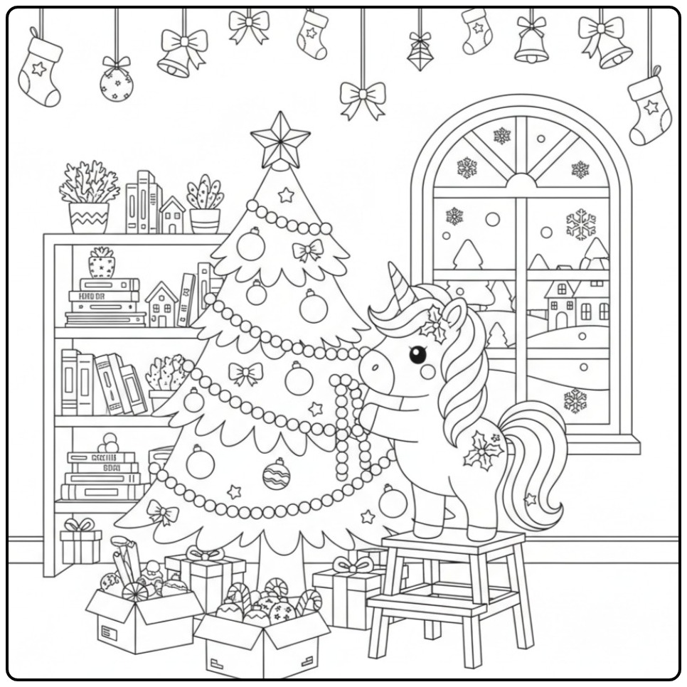 Desenho de Unicórnio de Natal e árvore de Natal para colorir em casa.
