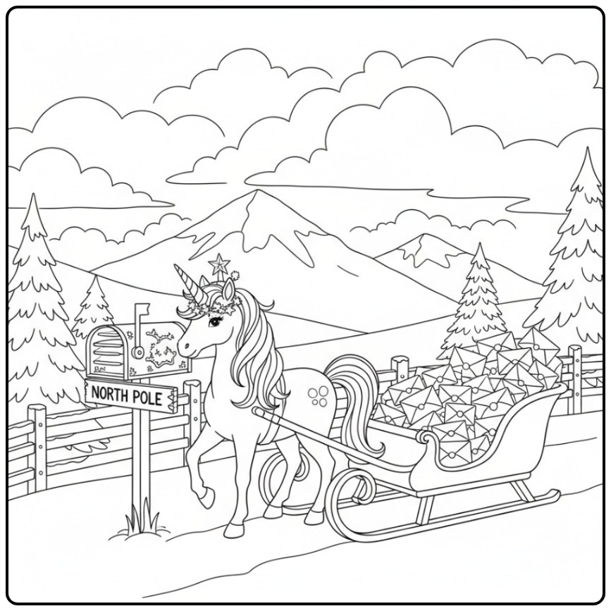 Desenho de um unicornio de natal para colorir puxando um trenó.