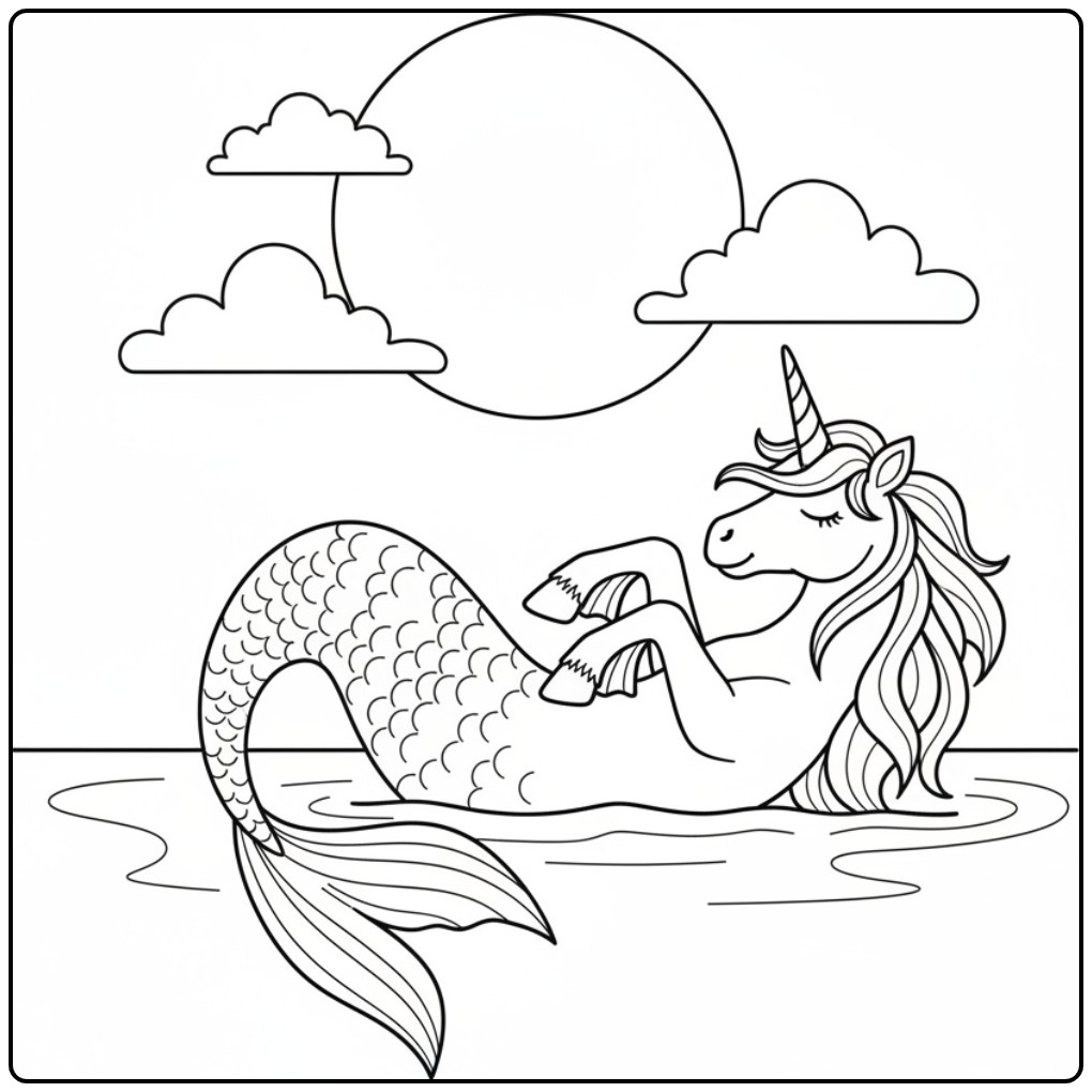 Desenho de um unicórnio sereia para colorir deitado na água.