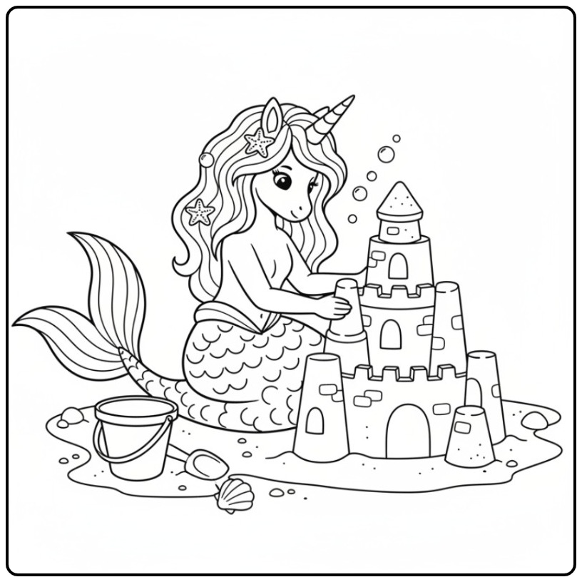 Simpático unicórnio sereia para colorir construindo castelo.