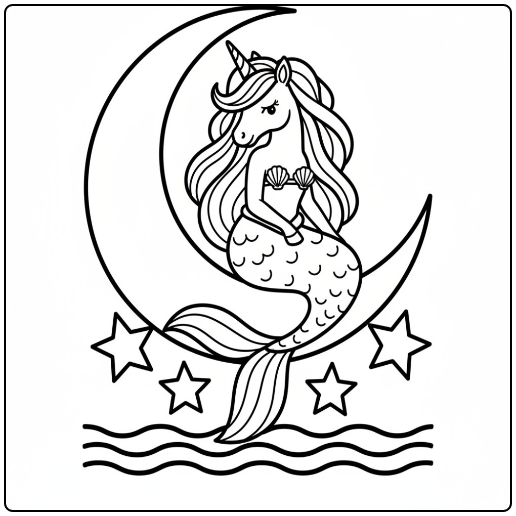 Desenho de um unicórnio sereia para colorir na lua crescente.